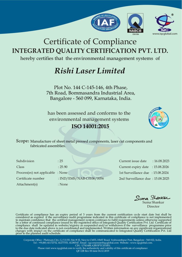 ISO 14001 Certificate Bangalore Unit